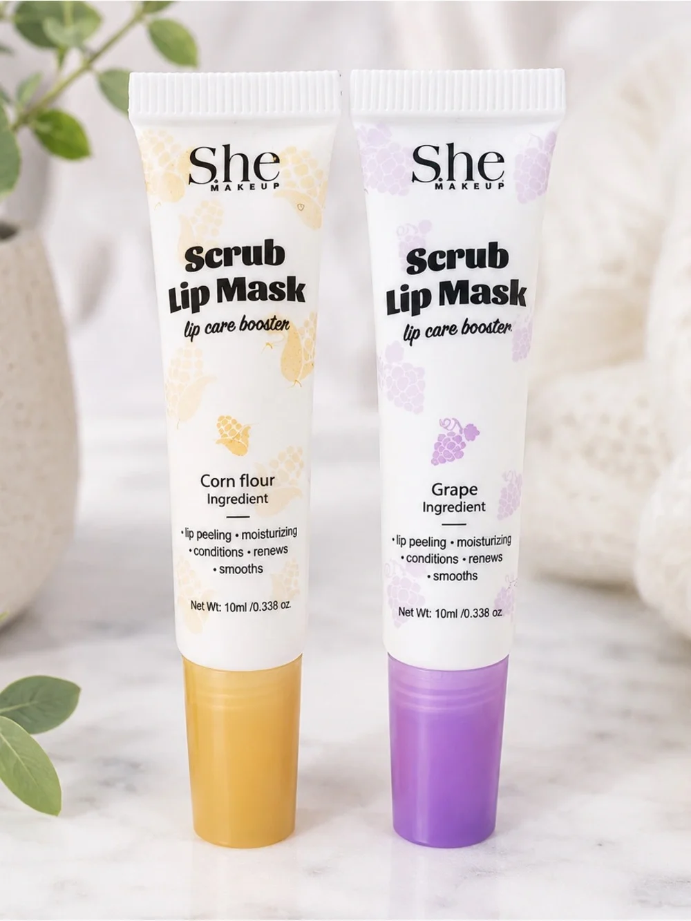 S.HE Makeup Scrub Lip Mask Duo – Corn Flour + Grape